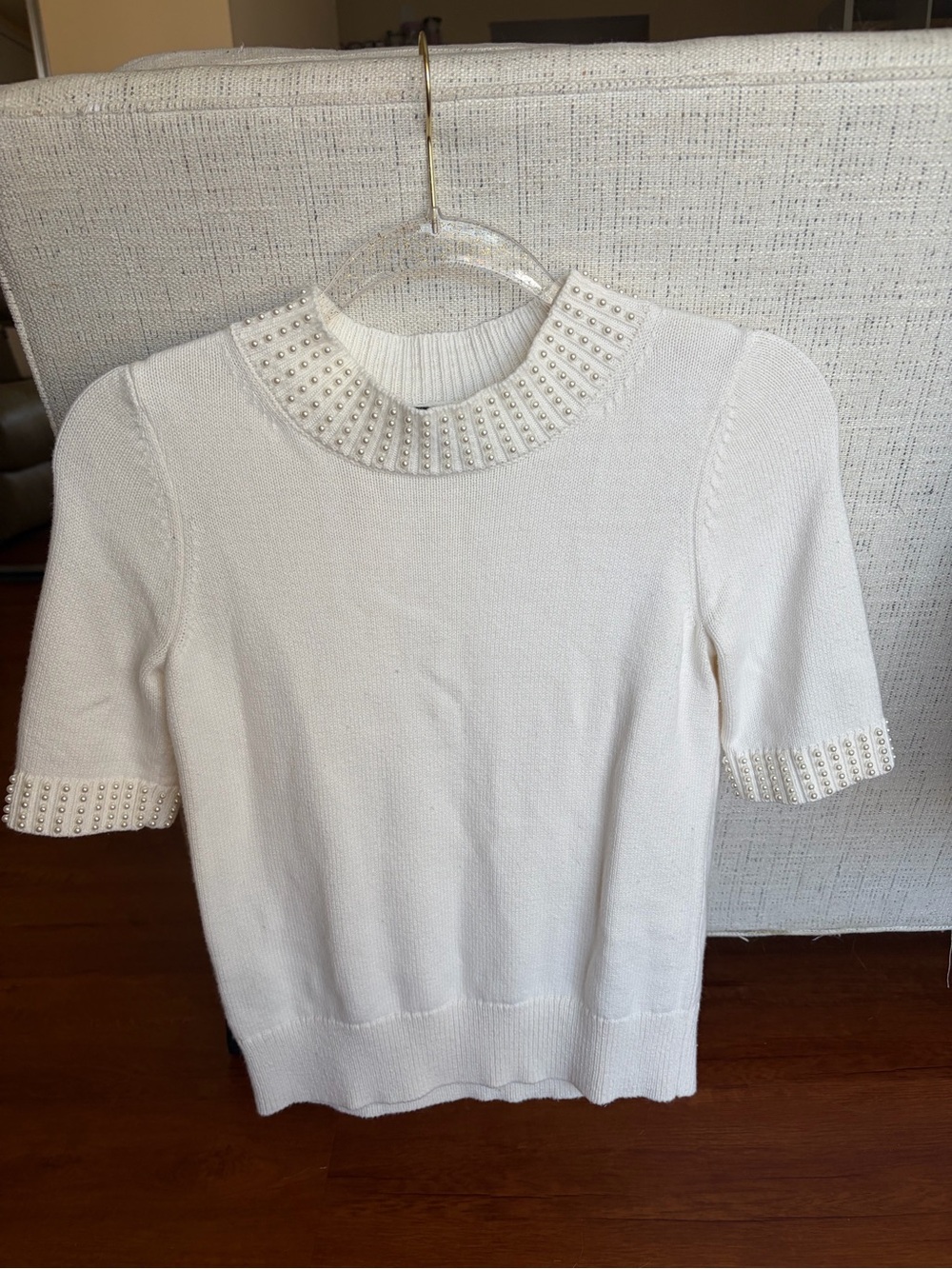Ann Taylor White Short-Sleeve Pearl-Trim Knit Top